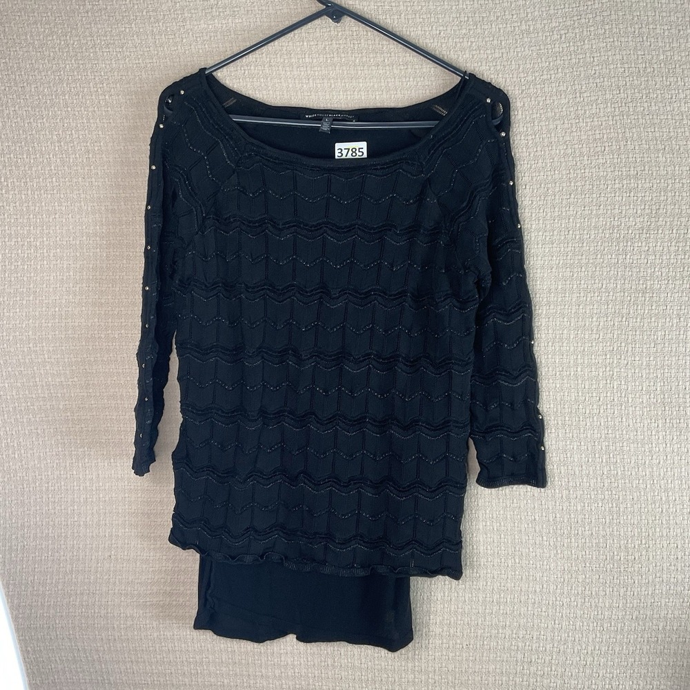 White House Black Market Women's Large Black 3/4 Sleeve‎ Lined Lace Top Shirt